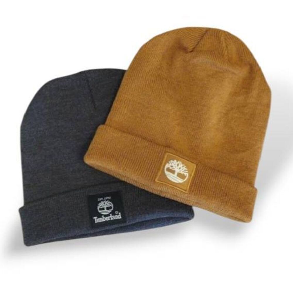 Timberland Logo Cuff Fisherman Beanie Bundle Grey Brown Acrylic Unisex Adult NWO